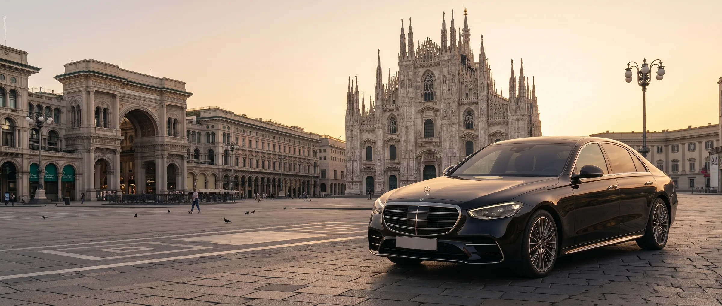 Black Mercedes S-Class in Piazza del Duomo, Milan, at sunset — private transfers from Malpensa, Linate and Bergamo airports